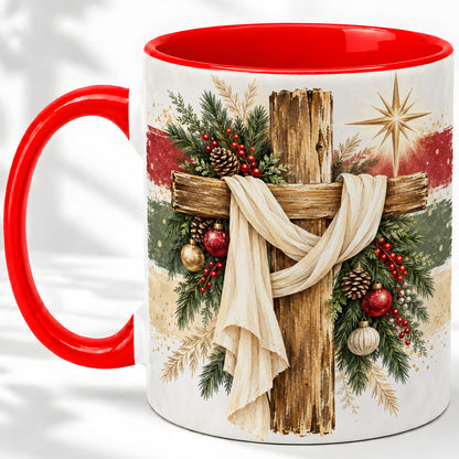Christmas Cross Ceramic Mug, Rustic Christian Holiday Artwork