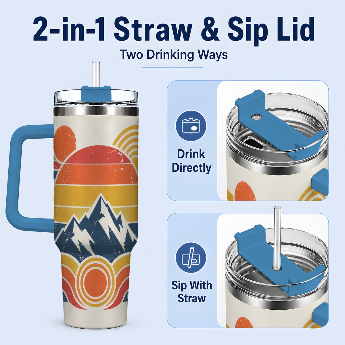 #pl[40oz|Blue] Vintage Style Mountain 40oz Tumbler with Geometric Sunset Artwork