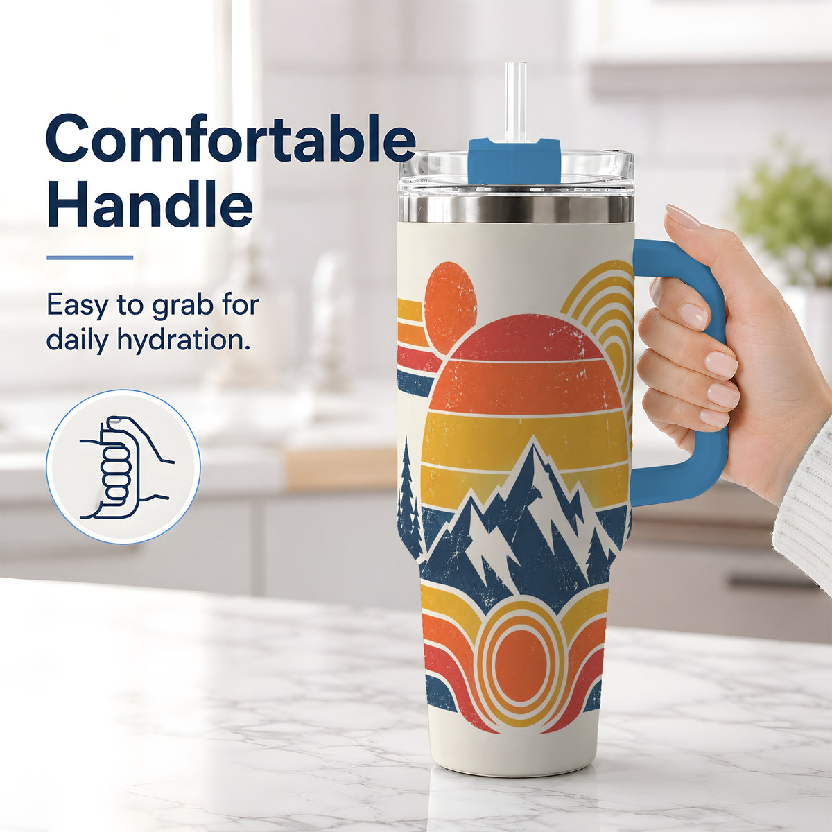#pl[40oz|Blue] Vintage Style Mountain 40oz Tumbler with Geometric Sunset Artwork