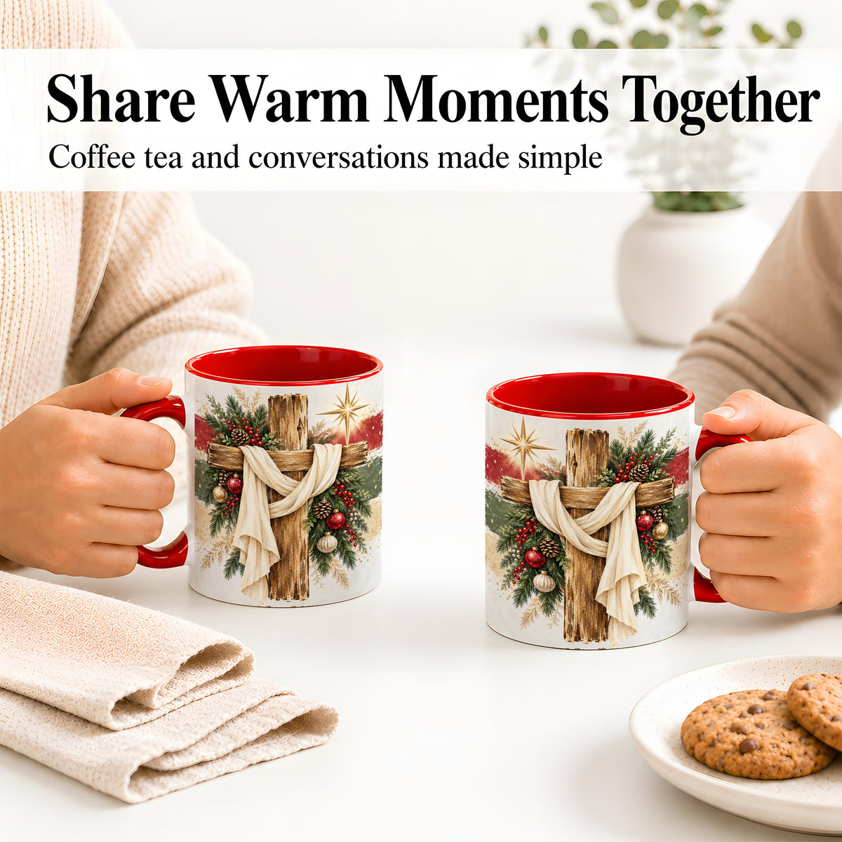 #pl[11oz|Red] Christmas Cross Ceramic Mug, Rustic Christian Holiday Artwork