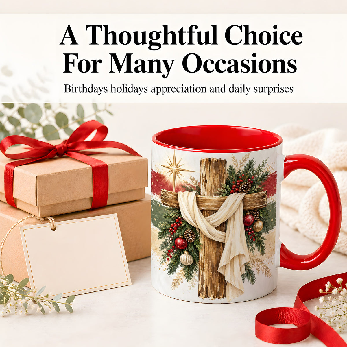 #pl[11oz|Red] Christmas Cross Ceramic Mug, Rustic Christian Holiday Artwork