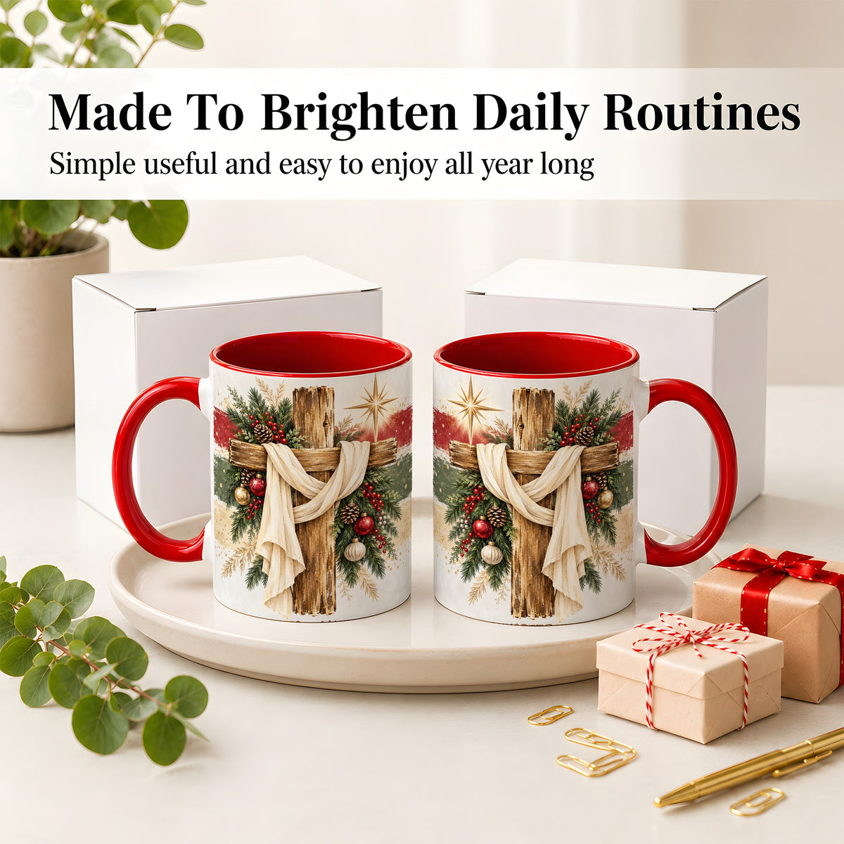 #pl[11oz|Red] Christmas Cross Ceramic Mug, Rustic Christian Holiday Artwork