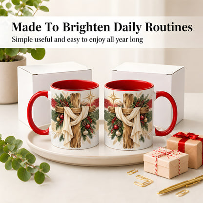 #pl[11oz|Red] Christmas Cross Ceramic Mug, Rustic Christian Holiday Artwork