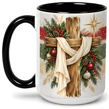#pl[15oz|Black] Christmas Cross Ceramic Mug, Rustic Christian Holiday Artwork