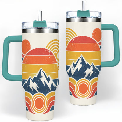 #pl[40oz|Green] Vintage Style Mountain 40oz Tumbler with Geometric Sunset Artwork