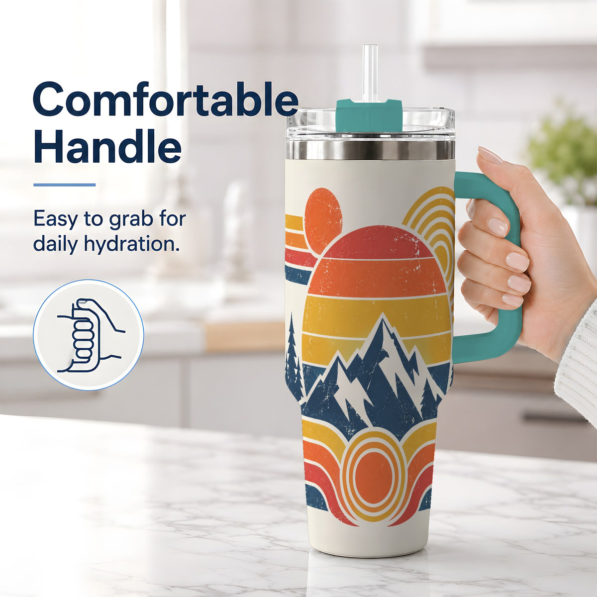 #pl[40oz|Green] Vintage Style Mountain 40oz Tumbler with Geometric Sunset Artwork