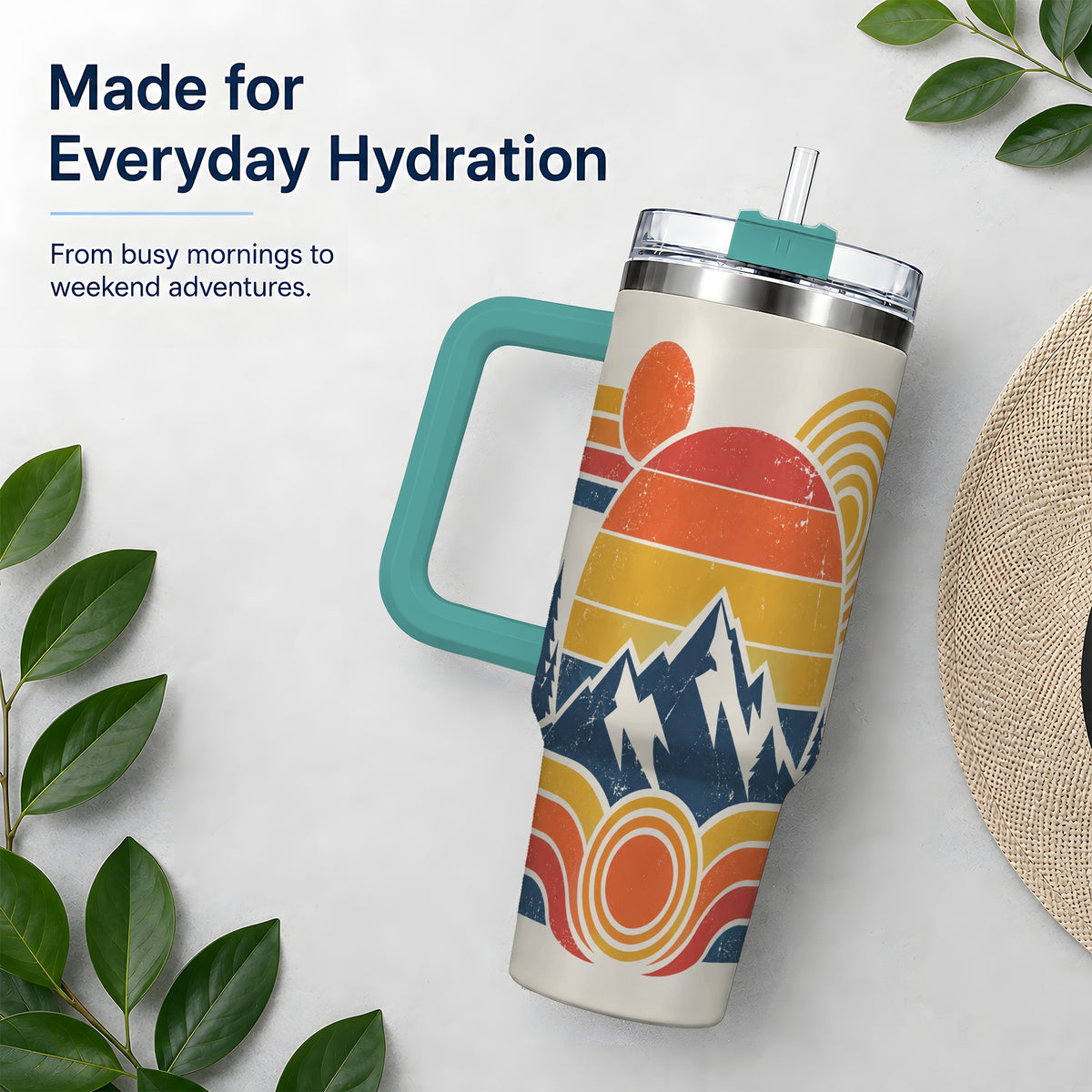 #pl[40oz|Green] Vintage Style Mountain 40oz Tumbler with Geometric Sunset Artwork