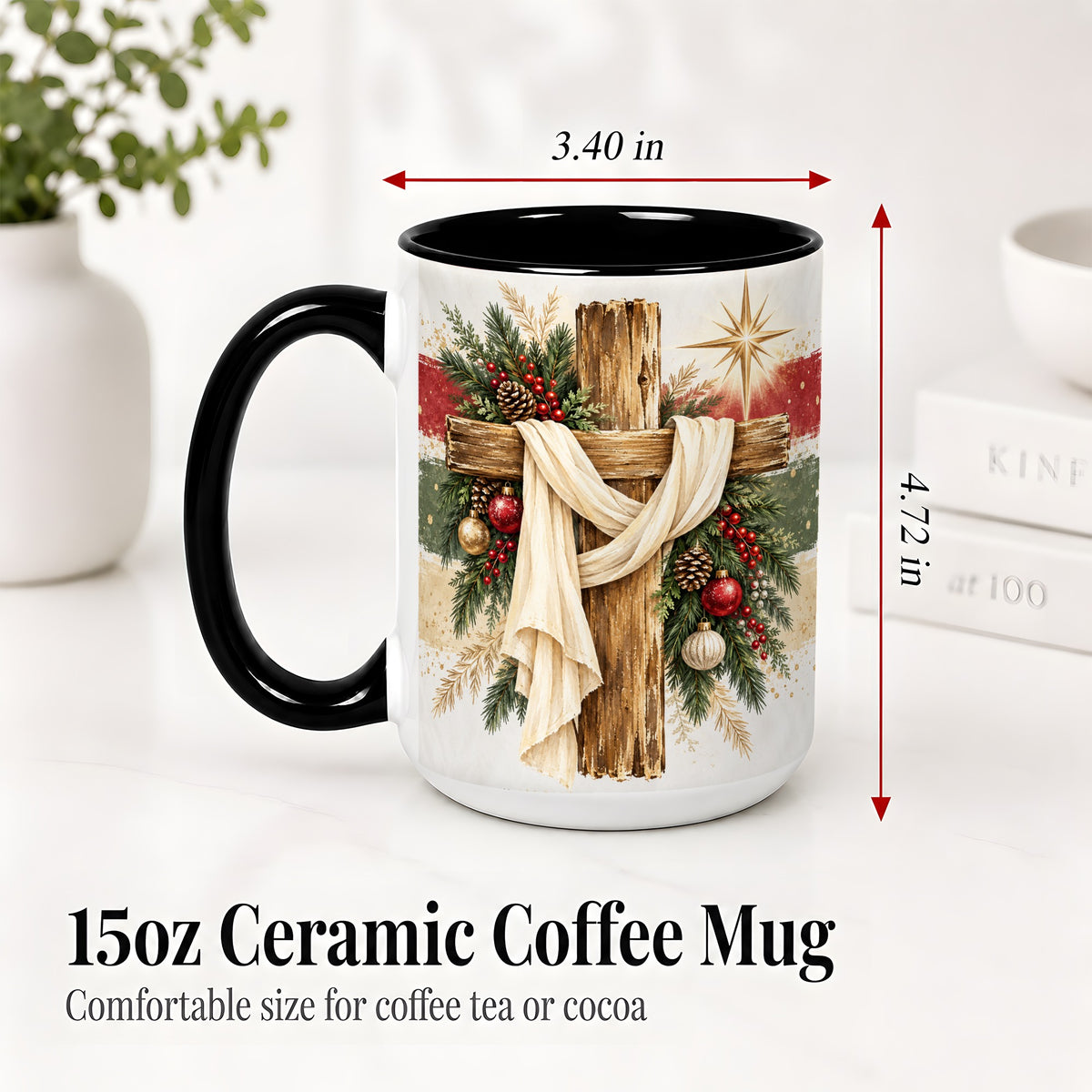 #pl[15oz|Black] Christmas Cross Ceramic Mug, Rustic Christian Holiday Artwork