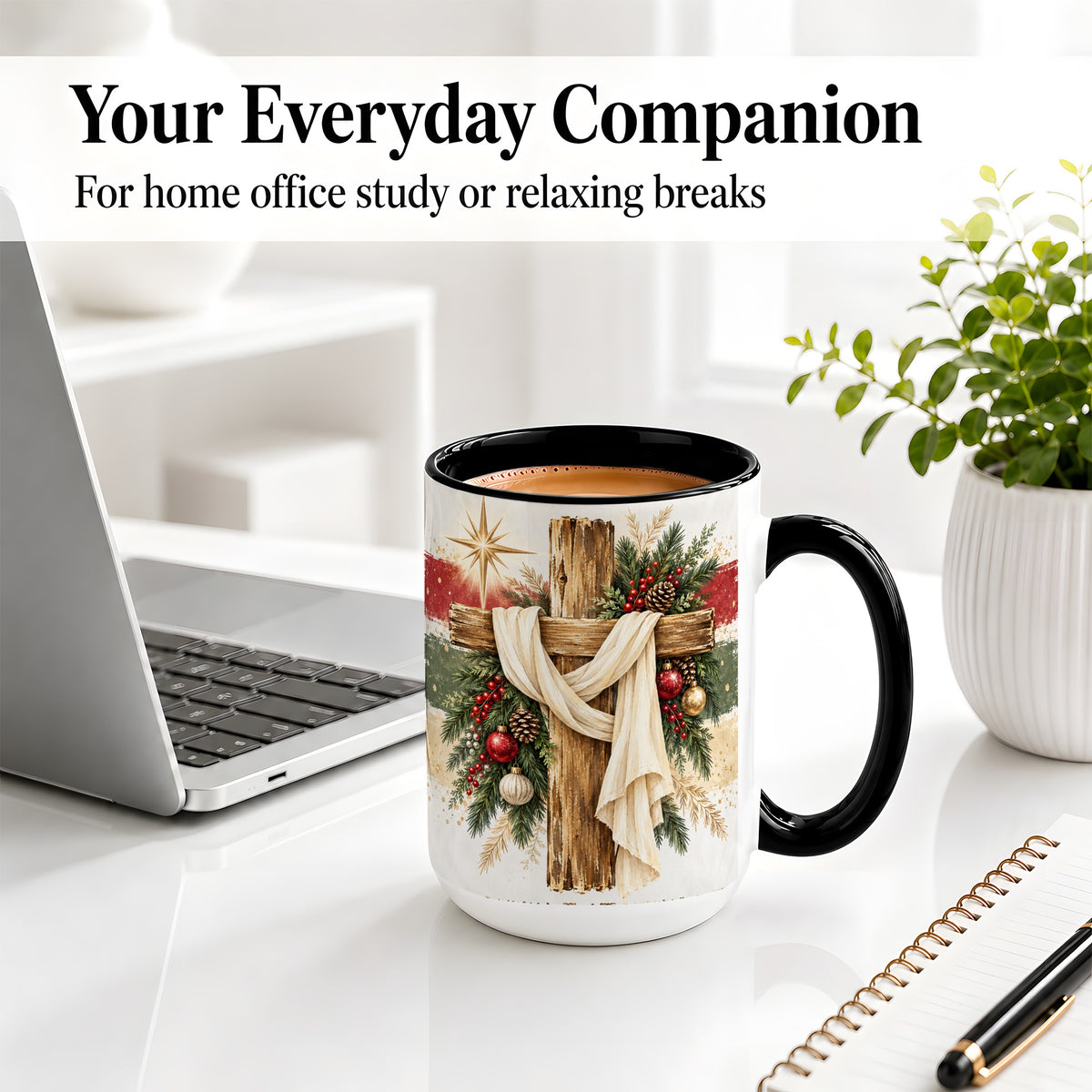 #pl[15oz|Black] Christmas Cross Ceramic Mug, Rustic Christian Holiday Artwork