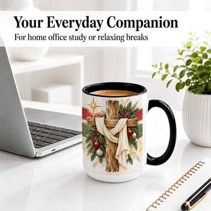 #pl[15oz|Black] Christmas Cross Ceramic Mug, Rustic Christian Holiday Artwork