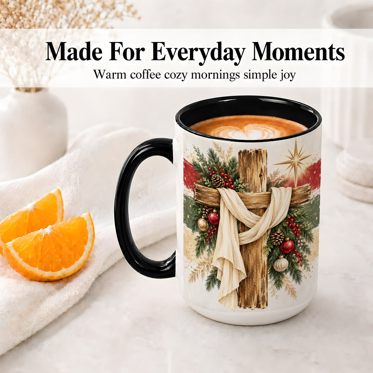 #pl[15oz|Black] Christmas Cross Ceramic Mug, Rustic Christian Holiday Artwork