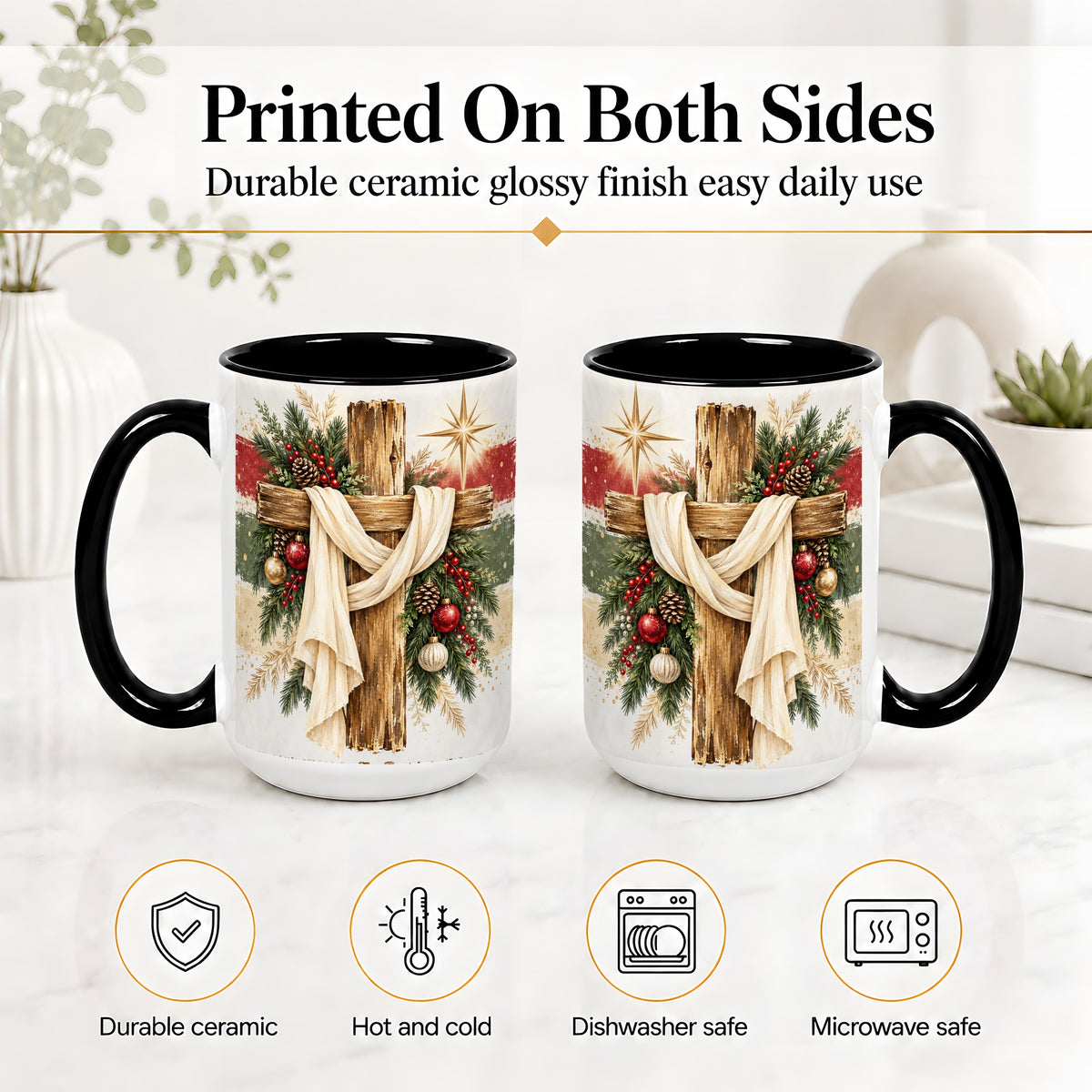 #pl[15oz|Black] Christmas Cross Ceramic Mug, Rustic Christian Holiday Artwork
