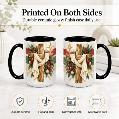 #pl[15oz|Black] Christmas Cross Ceramic Mug, Rustic Christian Holiday Artwork