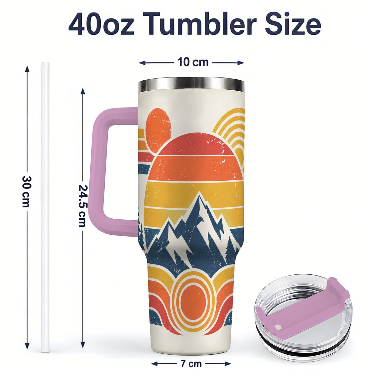 #pl[40oz|Pink] Vintage Style Mountain 40oz Tumbler with Geometric Sunset Artwork