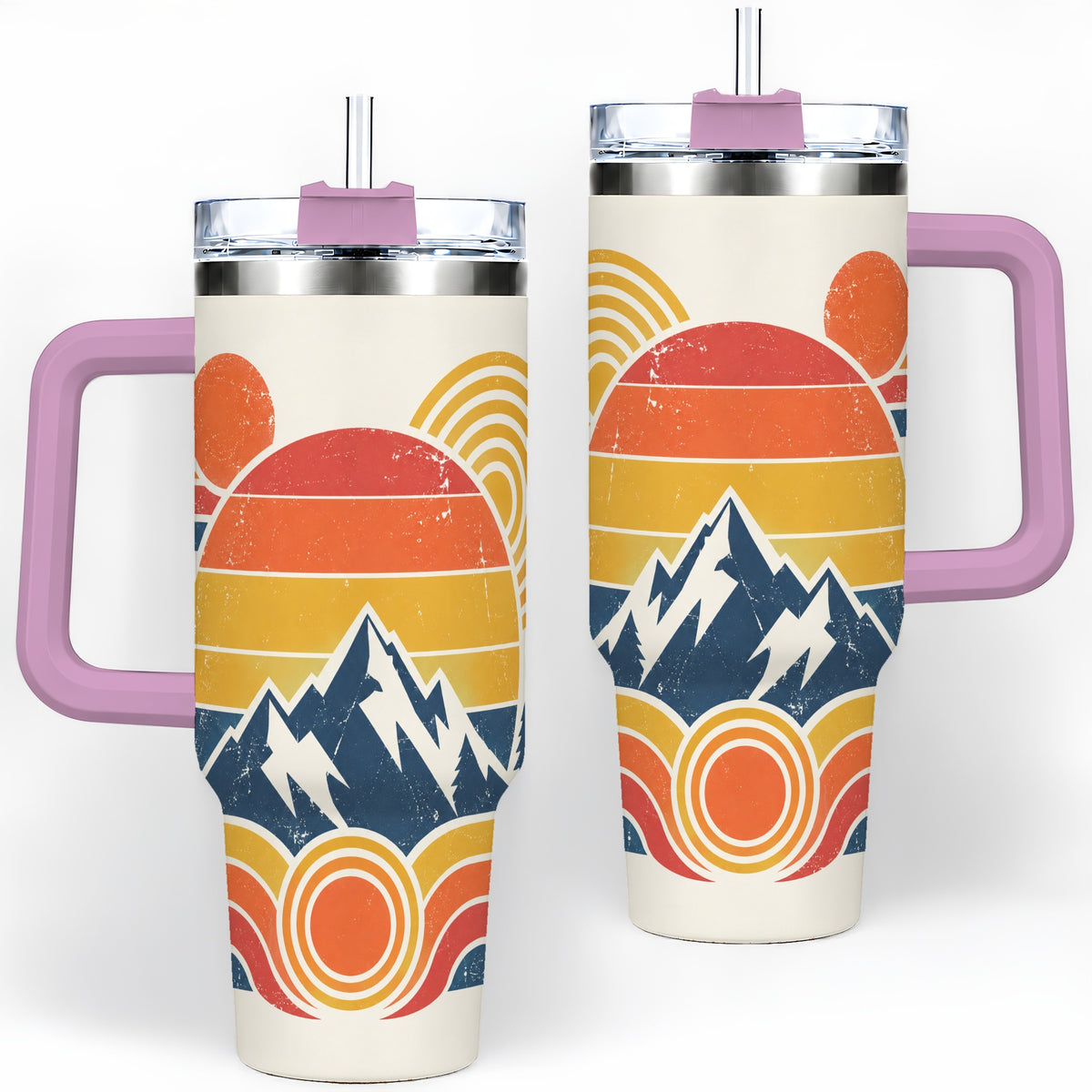 #pl[40oz|Pink] Vintage Style Mountain 40oz Tumbler with Geometric Sunset Artwork