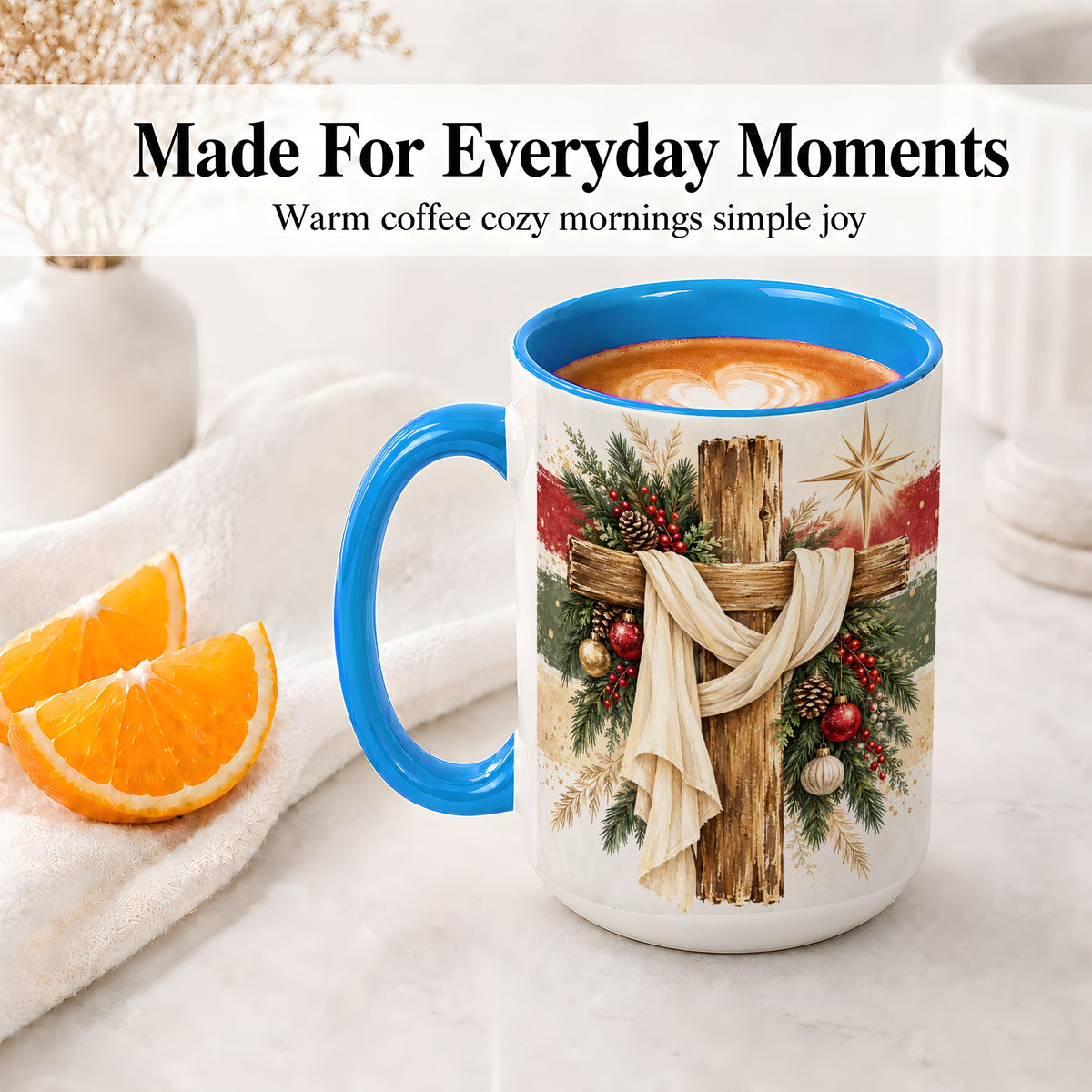 #pl[15oz|Blue] Christmas Cross Ceramic Mug, Rustic Christian Holiday Artwork
