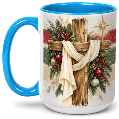 #pl[15oz|Blue] Christmas Cross Ceramic Mug, Rustic Christian Holiday Artwork