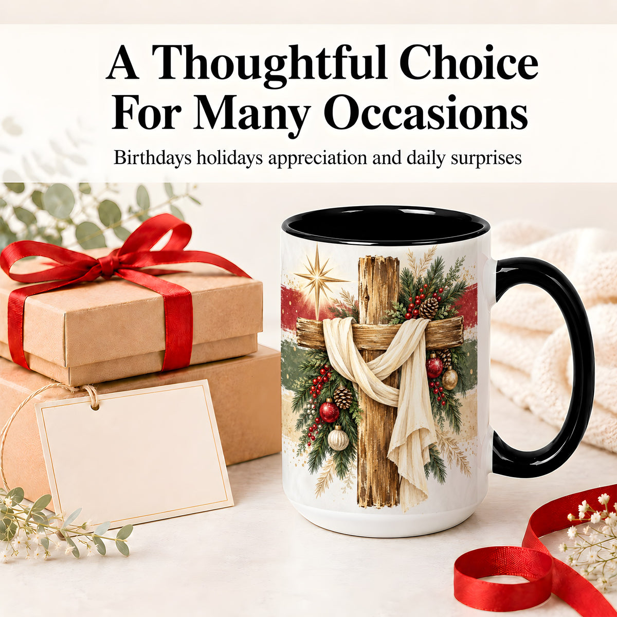 #pl[15oz|Black] Christmas Cross Ceramic Mug, Rustic Christian Holiday Artwork