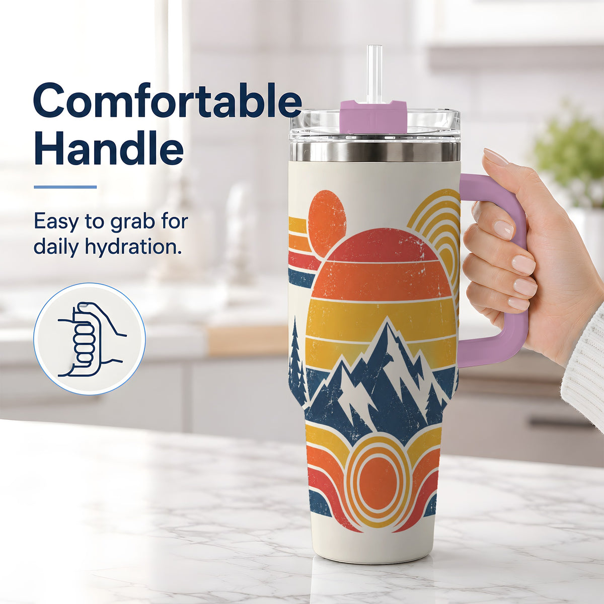 #pl[40oz|Pink] Vintage Style Mountain 40oz Tumbler with Geometric Sunset Artwork
