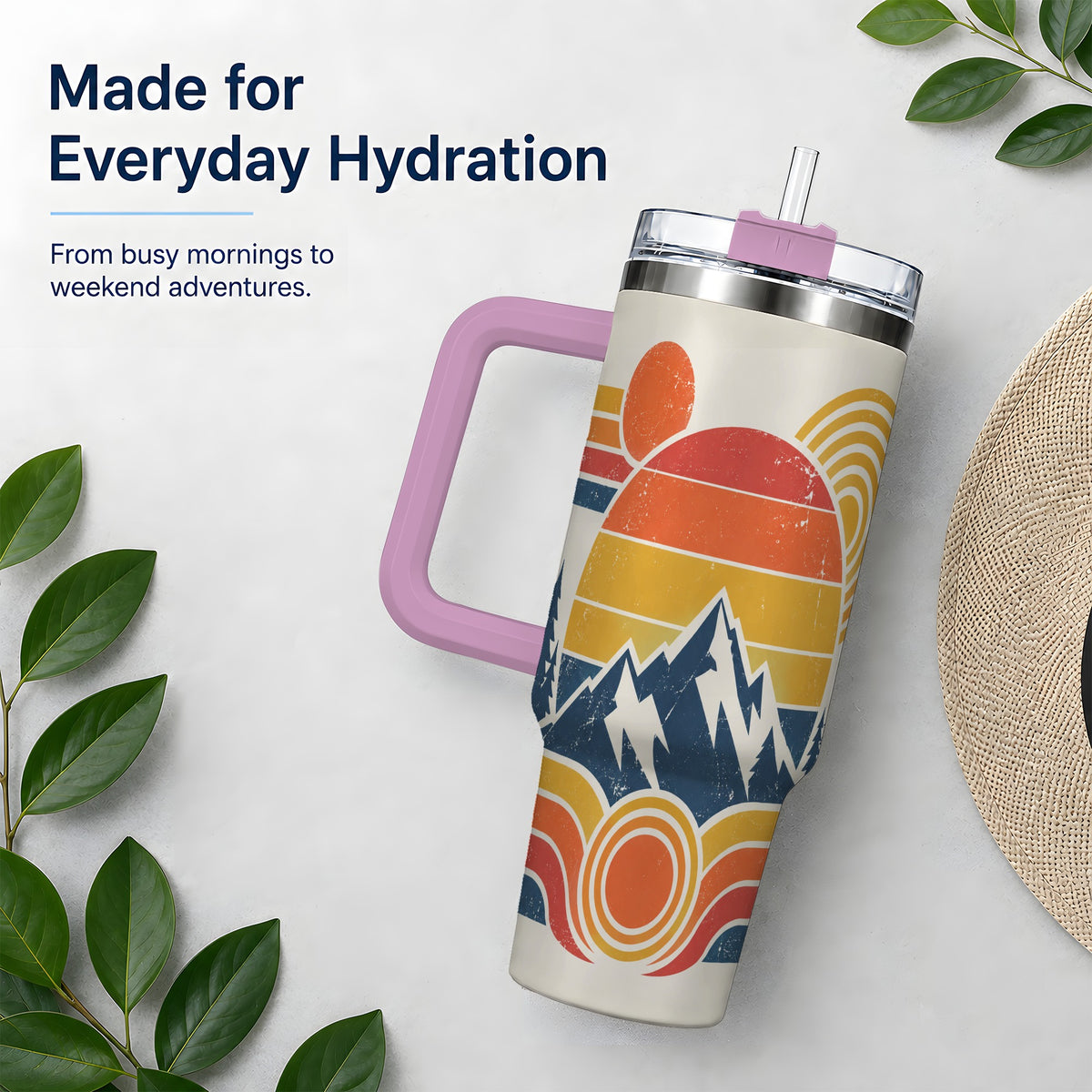 #pl[40oz|Pink] Vintage Style Mountain 40oz Tumbler with Geometric Sunset Artwork