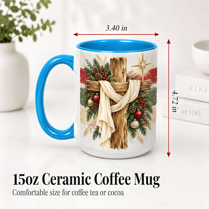 #pl[15oz|Blue] Christmas Cross Ceramic Mug, Rustic Christian Holiday Artwork
