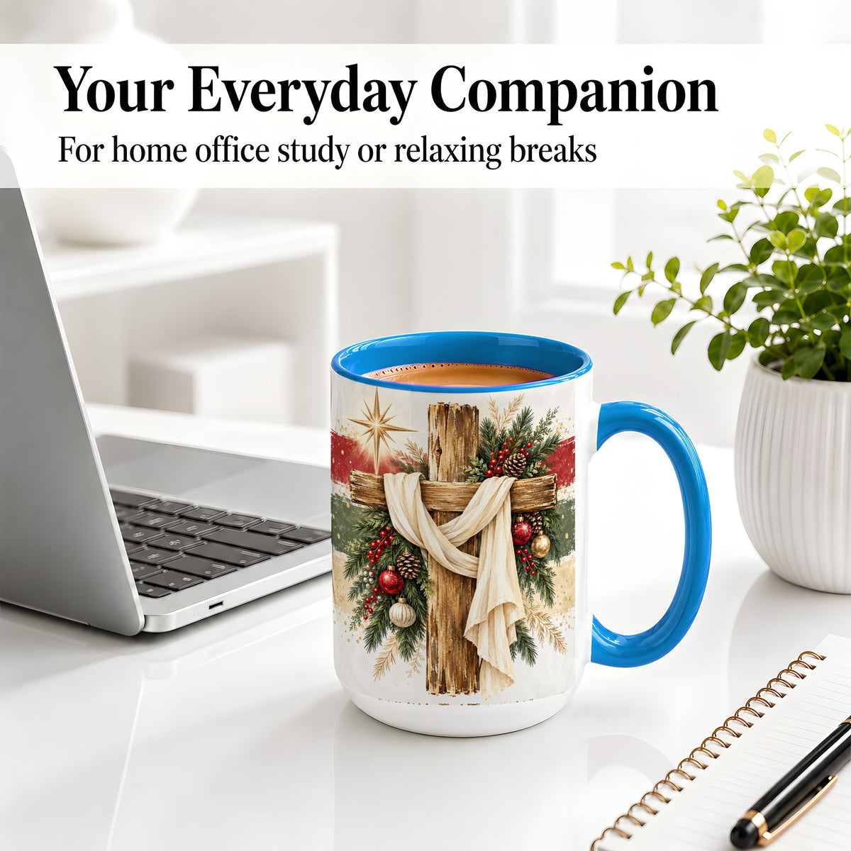 #pl[15oz|Blue] Christmas Cross Ceramic Mug, Rustic Christian Holiday Artwork