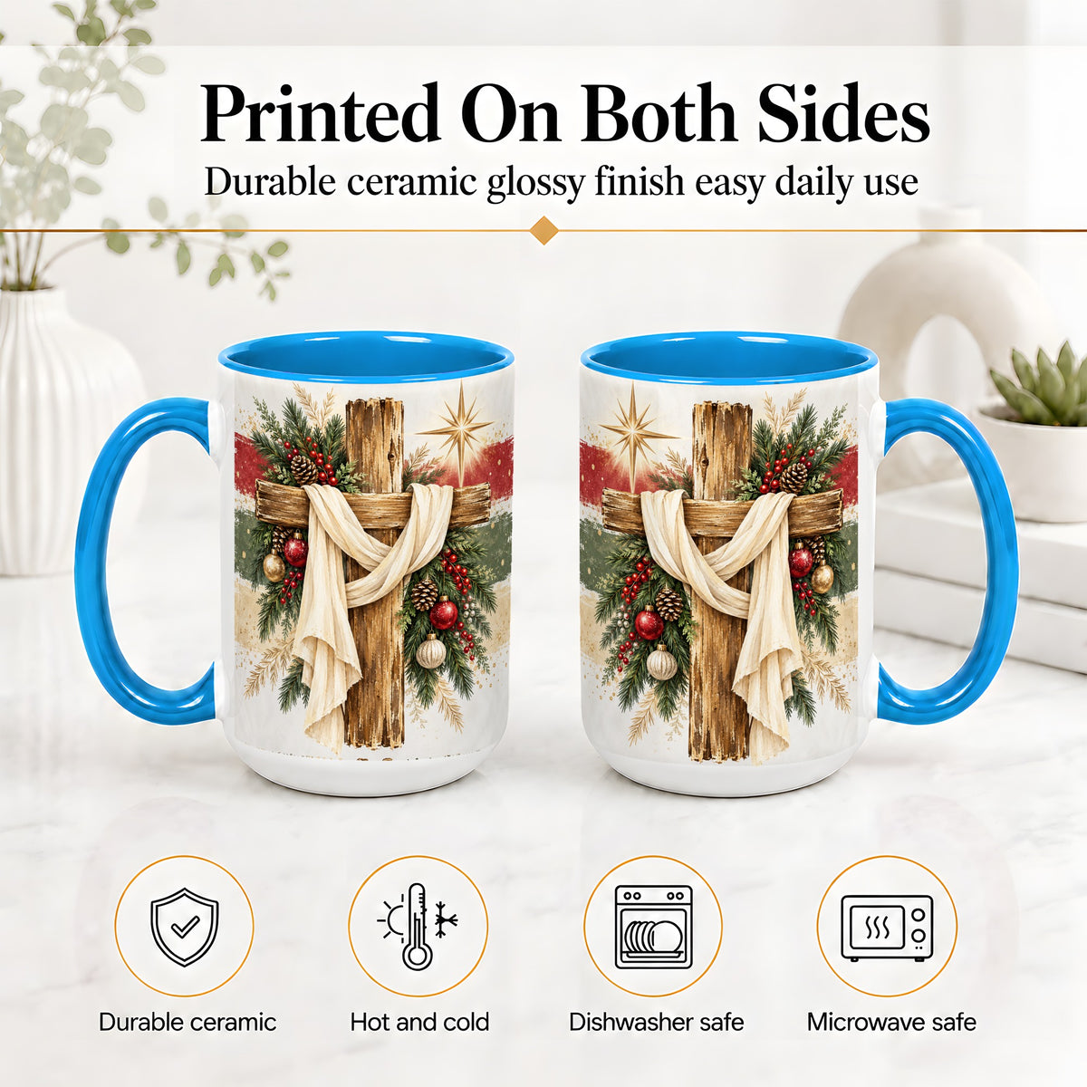 #pl[15oz|Blue] Christmas Cross Ceramic Mug, Rustic Christian Holiday Artwork
