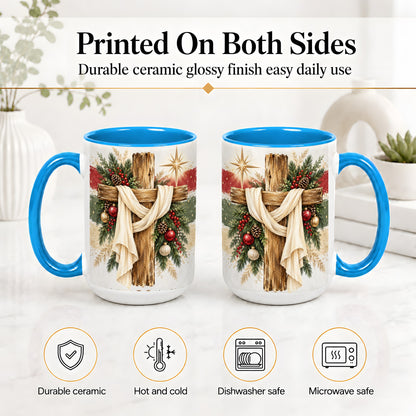 #pl[15oz|Blue] Christmas Cross Ceramic Mug, Rustic Christian Holiday Artwork