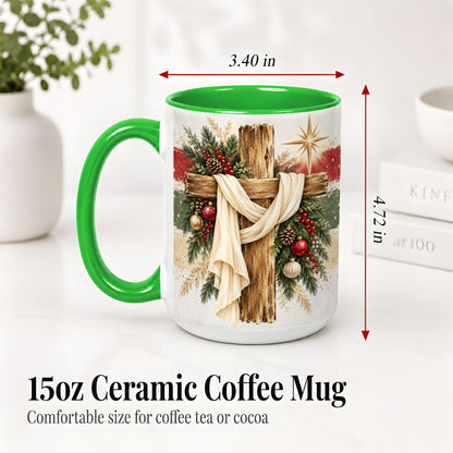 #pl[15oz|Green] Christmas Cross Ceramic Mug, Rustic Christian Holiday Artwork