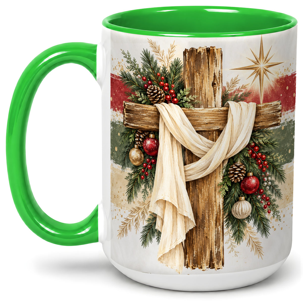 #pl[15oz|Green] Christmas Cross Ceramic Mug, Rustic Christian Holiday Artwork