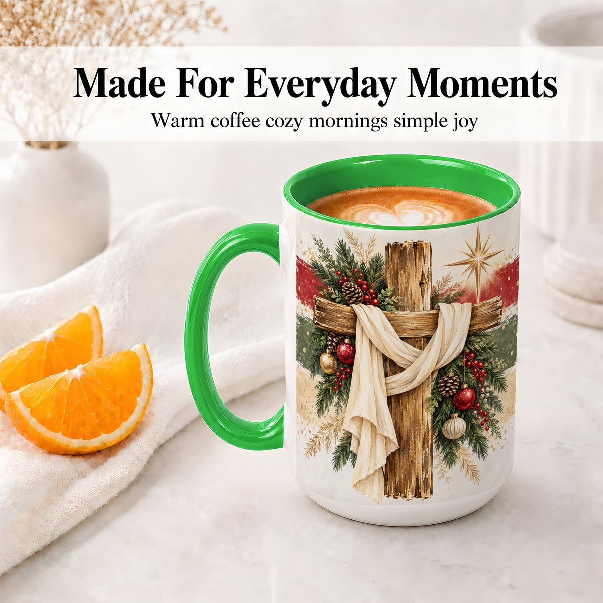 #pl[15oz|Green] Christmas Cross Ceramic Mug, Rustic Christian Holiday Artwork