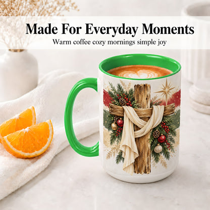 #pl[15oz|Green] Christmas Cross Ceramic Mug, Rustic Christian Holiday Artwork