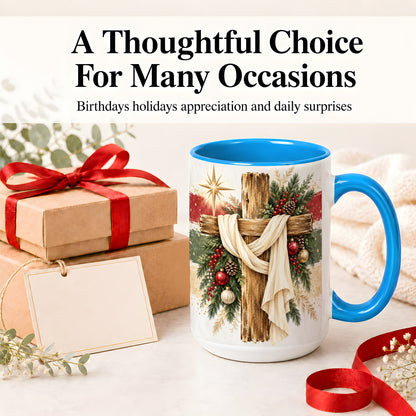 #pl[15oz|Blue] Christmas Cross Ceramic Mug, Rustic Christian Holiday Artwork