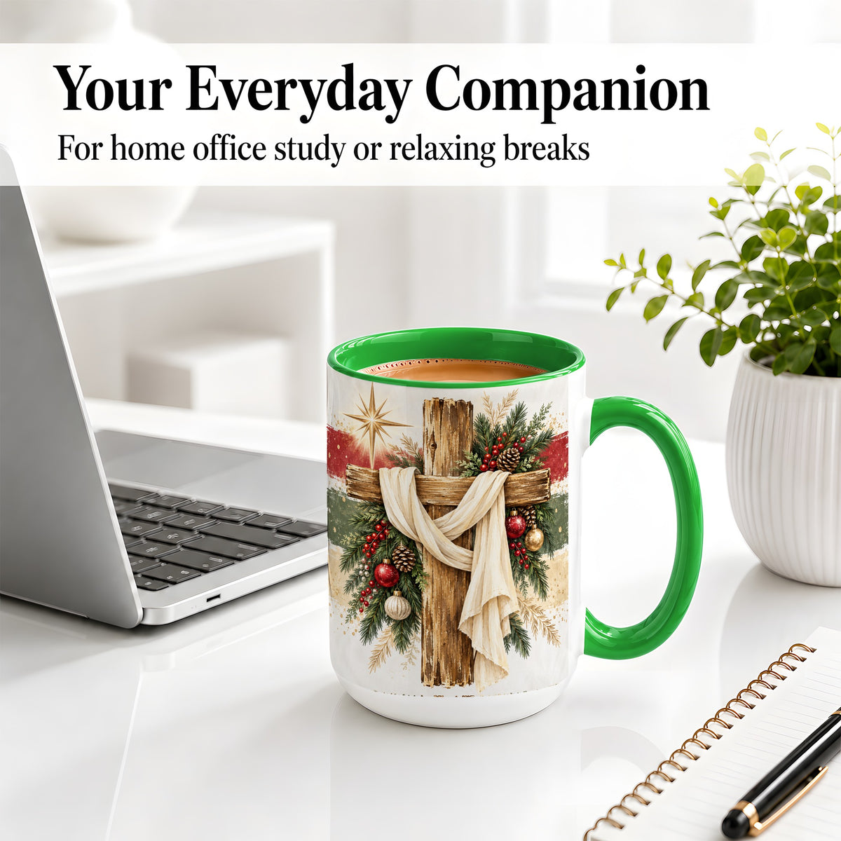 #pl[15oz|Green] Christmas Cross Ceramic Mug, Rustic Christian Holiday Artwork