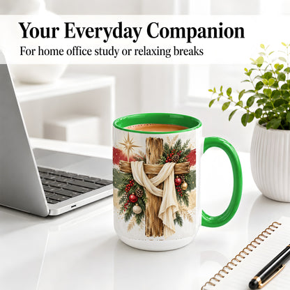#pl[15oz|Green] Christmas Cross Ceramic Mug, Rustic Christian Holiday Artwork