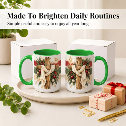 #pl[15oz|Green] Christmas Cross Ceramic Mug, Rustic Christian Holiday Artwork