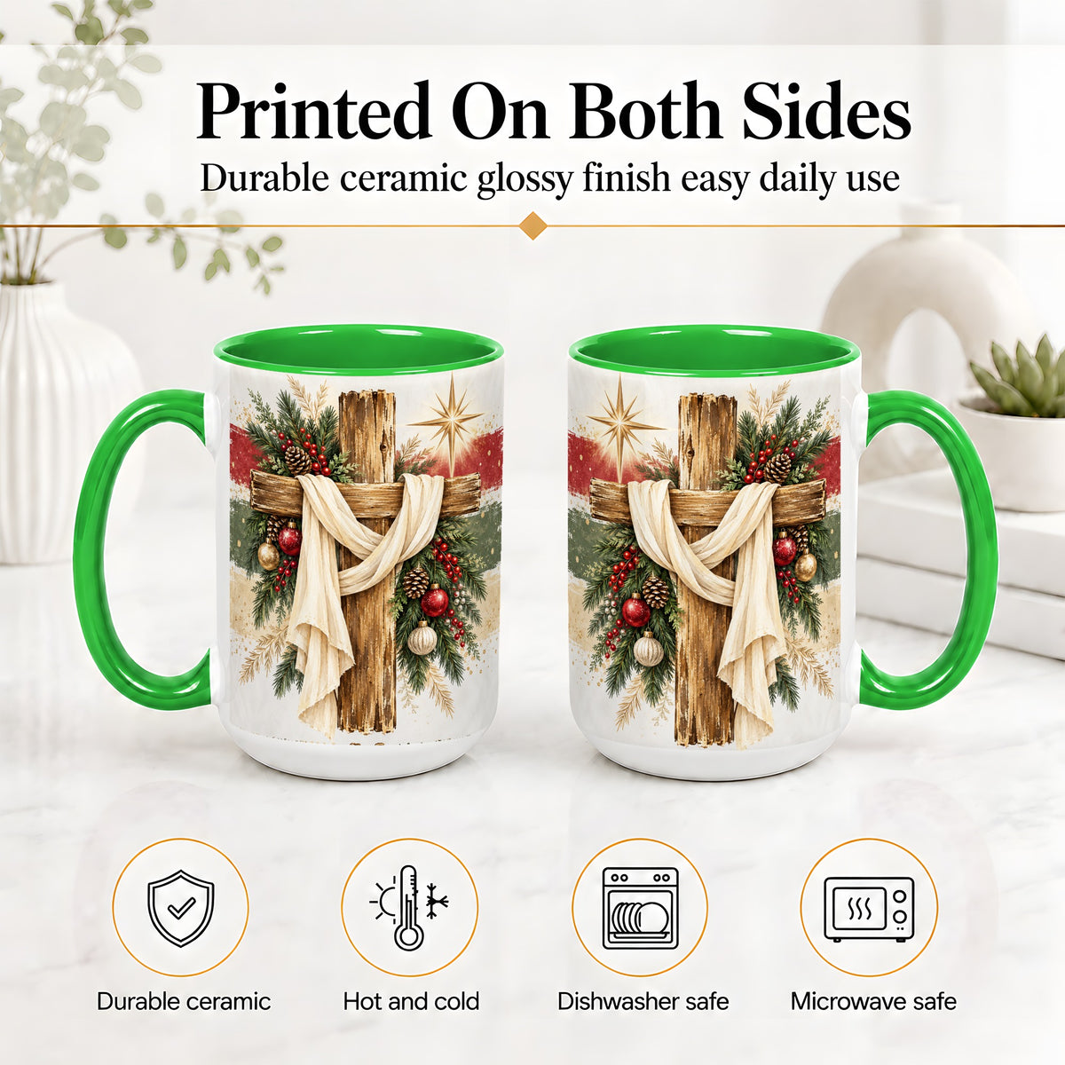 #pl[15oz|Green] Christmas Cross Ceramic Mug, Rustic Christian Holiday Artwork