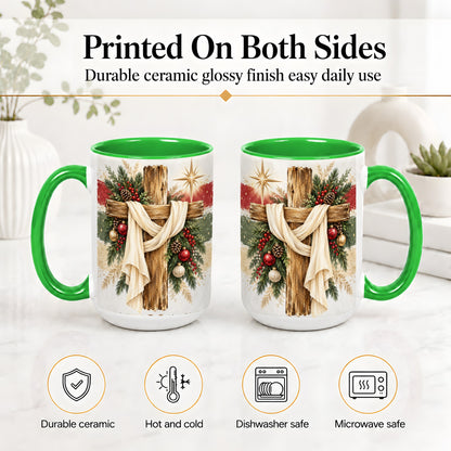 #pl[15oz|Green] Christmas Cross Ceramic Mug, Rustic Christian Holiday Artwork