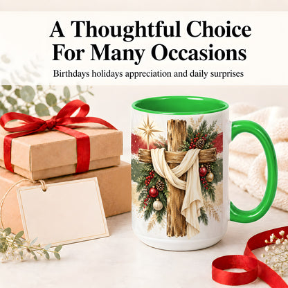 #pl[15oz|Green] Christmas Cross Ceramic Mug, Rustic Christian Holiday Artwork