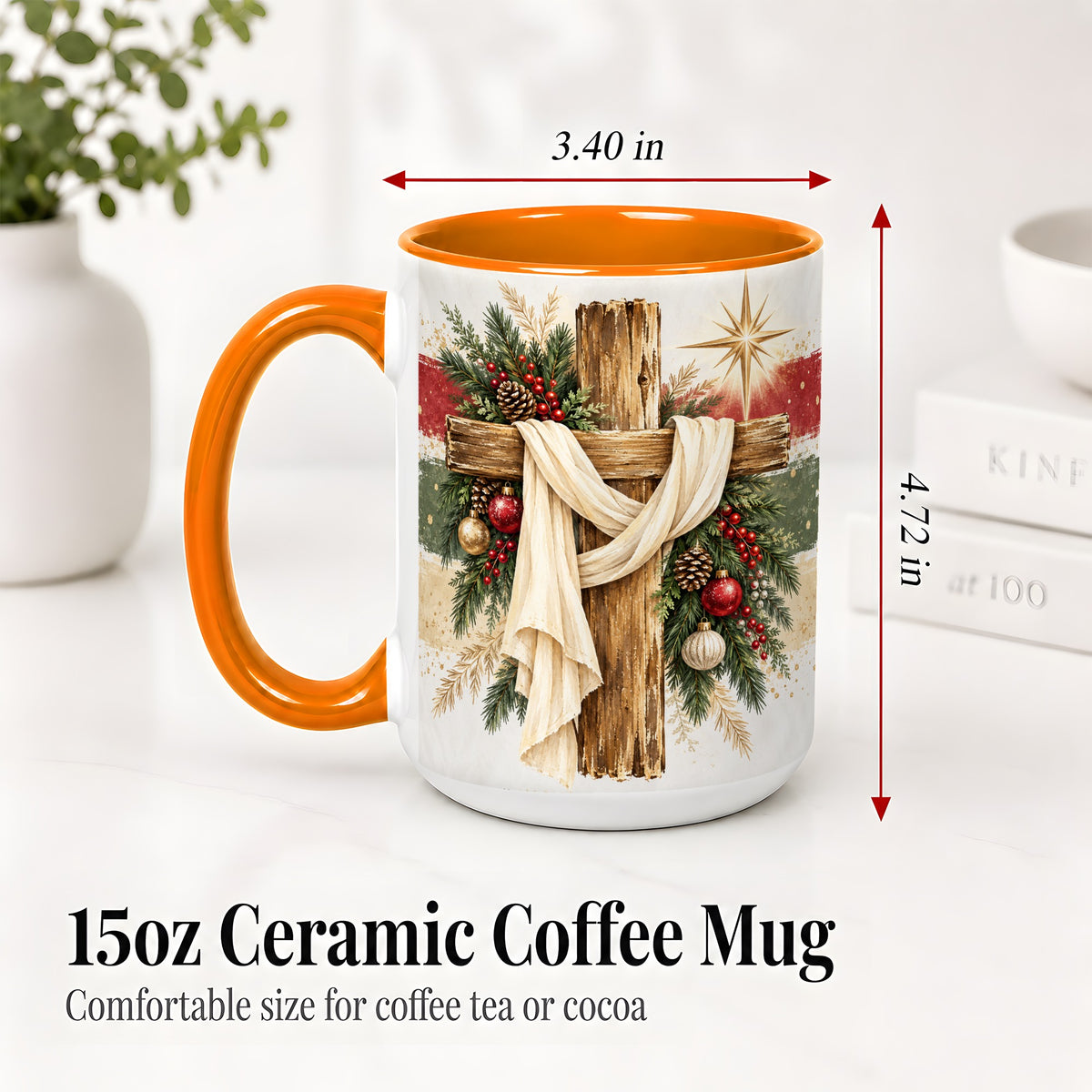 #pl[15oz|Orange] Christmas Cross Ceramic Mug, Rustic Christian Holiday Artwork