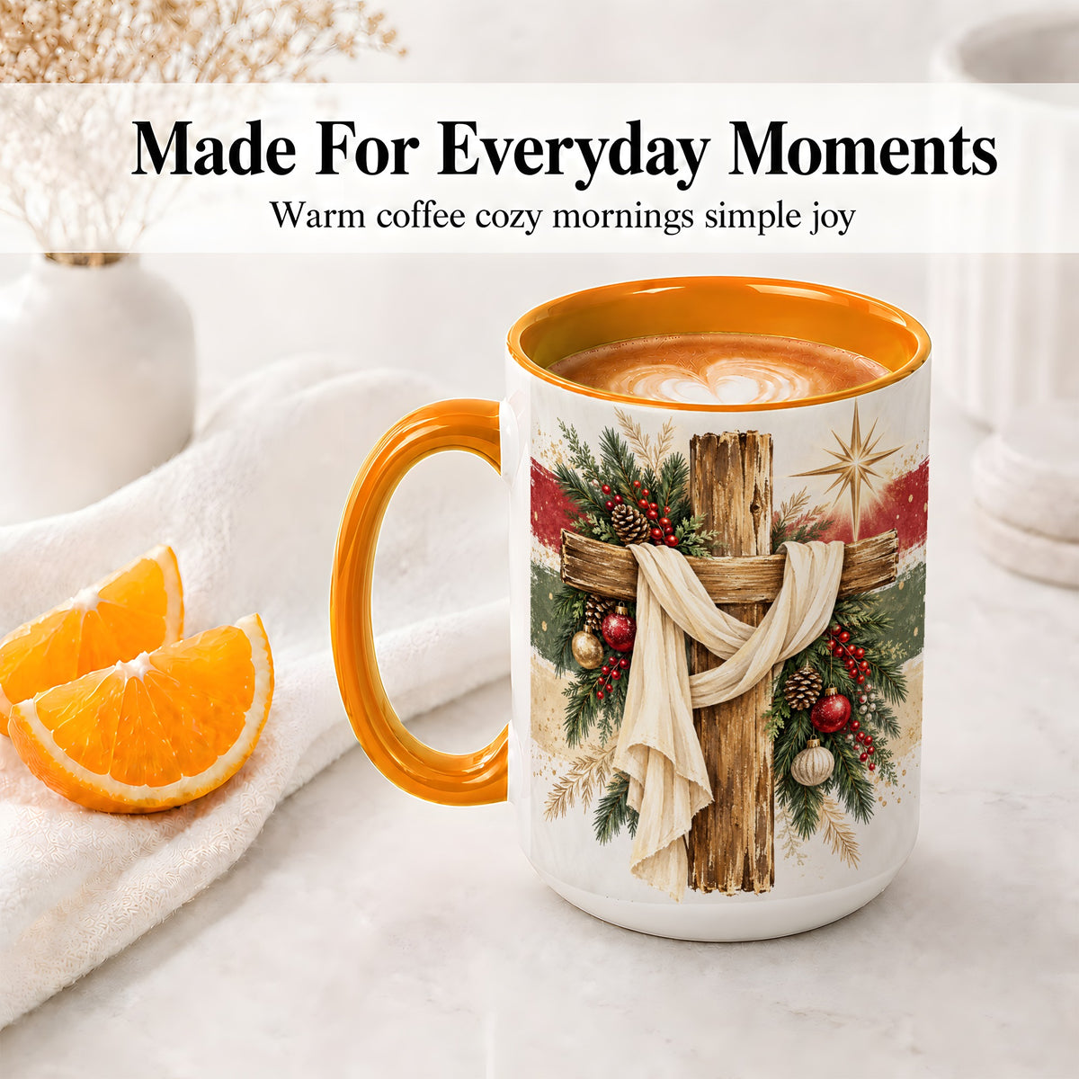 #pl[15oz|Orange] Christmas Cross Ceramic Mug, Rustic Christian Holiday Artwork