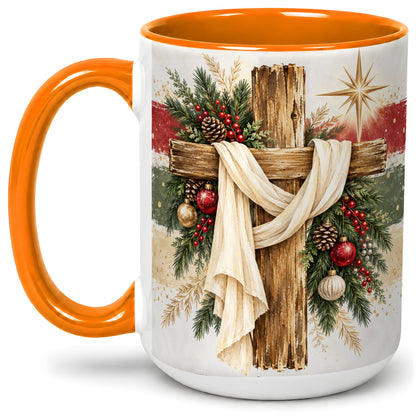 #pl[15oz|Orange] Christmas Cross Ceramic Mug, Rustic Christian Holiday Artwork