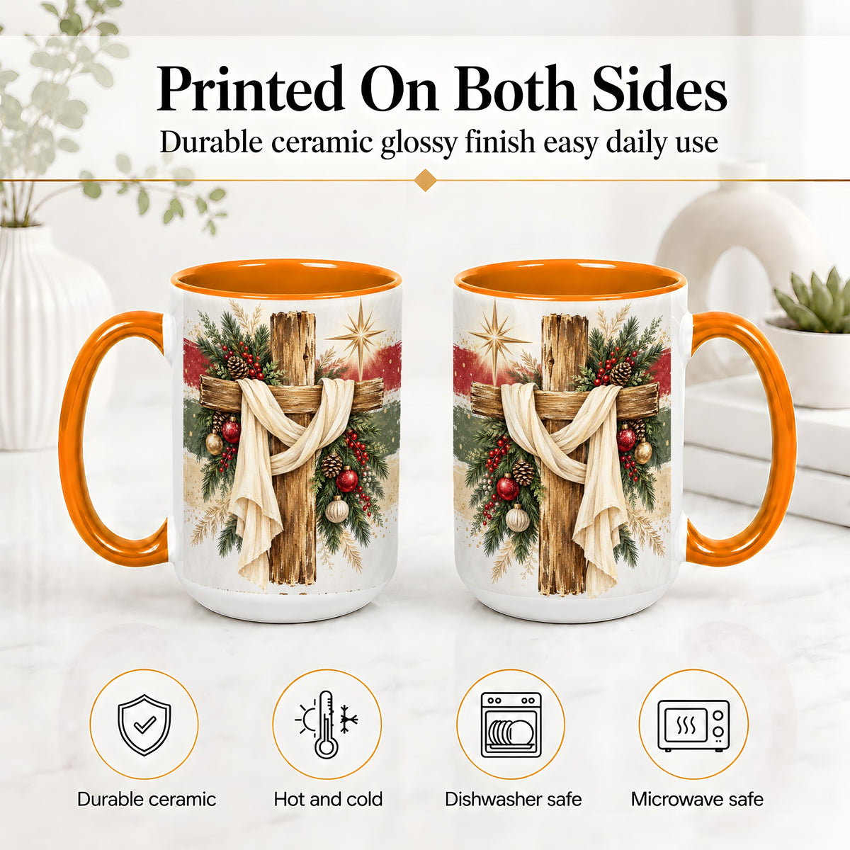 #pl[15oz|Orange] Christmas Cross Ceramic Mug, Rustic Christian Holiday Artwork