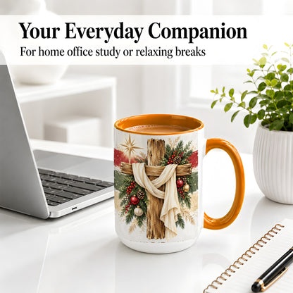 #pl[15oz|Orange] Christmas Cross Ceramic Mug, Rustic Christian Holiday Artwork