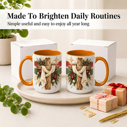 #pl[15oz|Orange] Christmas Cross Ceramic Mug, Rustic Christian Holiday Artwork