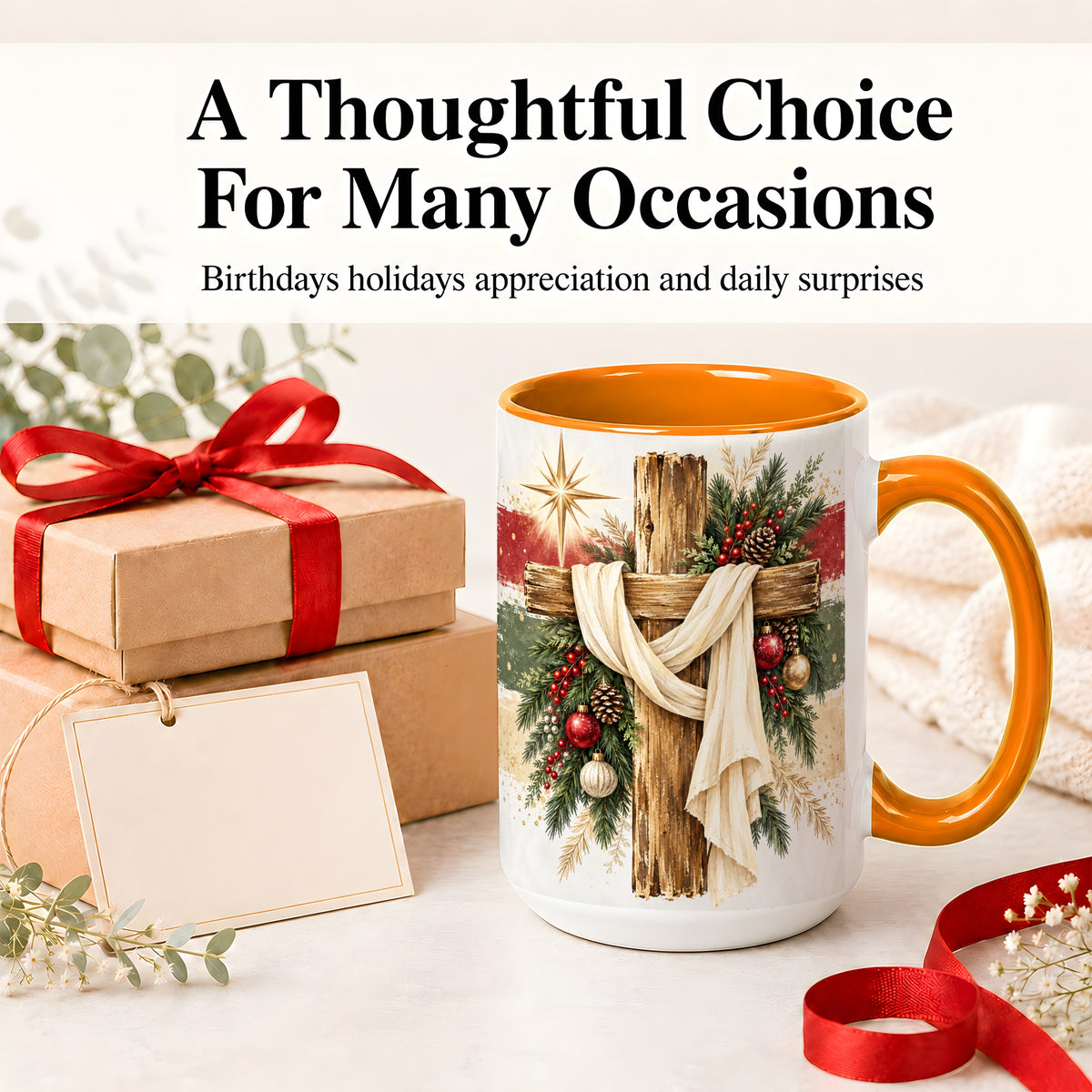 #pl[15oz|Orange] Christmas Cross Ceramic Mug, Rustic Christian Holiday Artwork