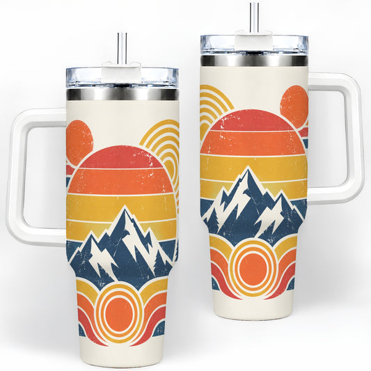 Vintage Style Mountain 40oz Tumbler with Geometric Sunset Artwork