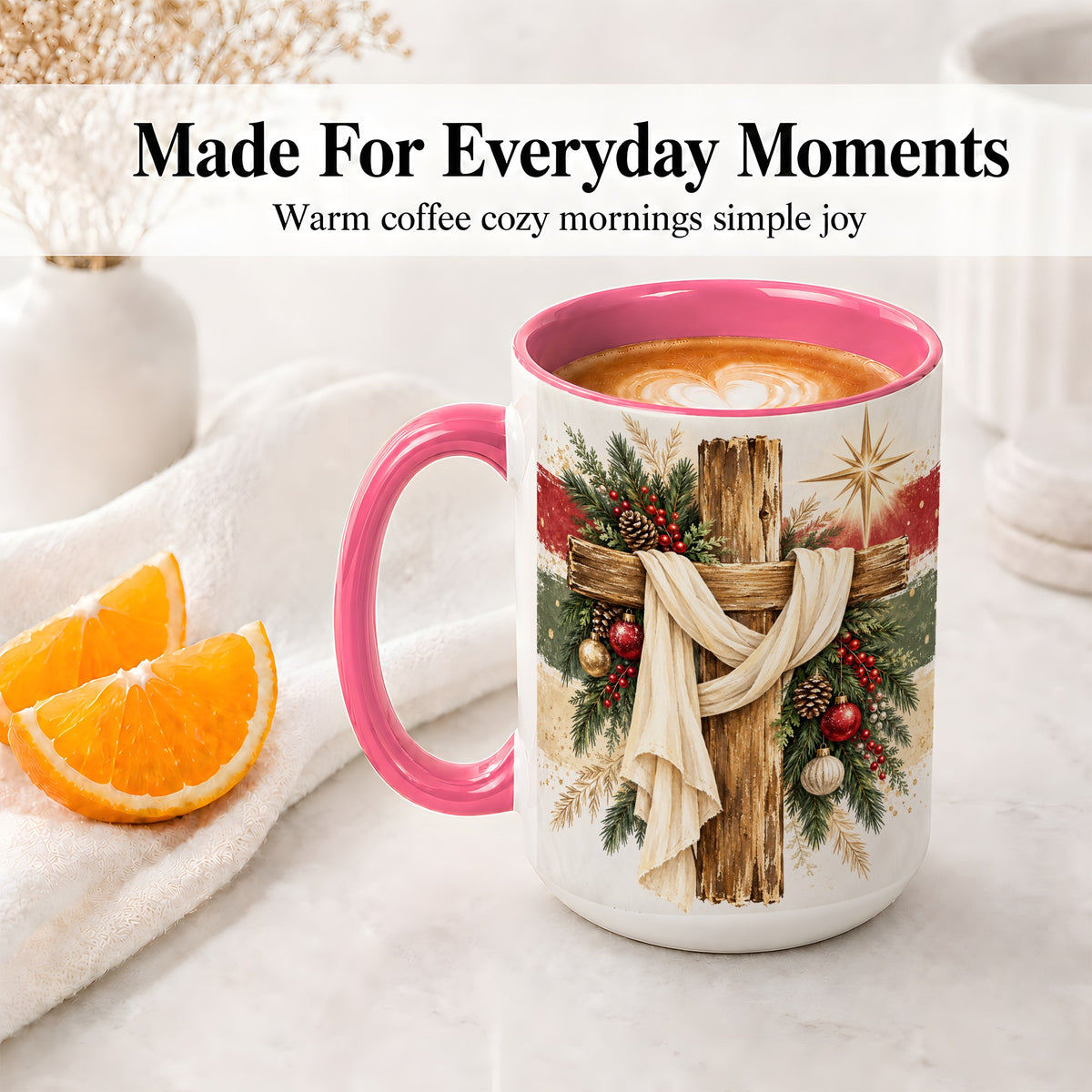 #pl[15oz|Pink] Christmas Cross Ceramic Mug, Rustic Christian Holiday Artwork