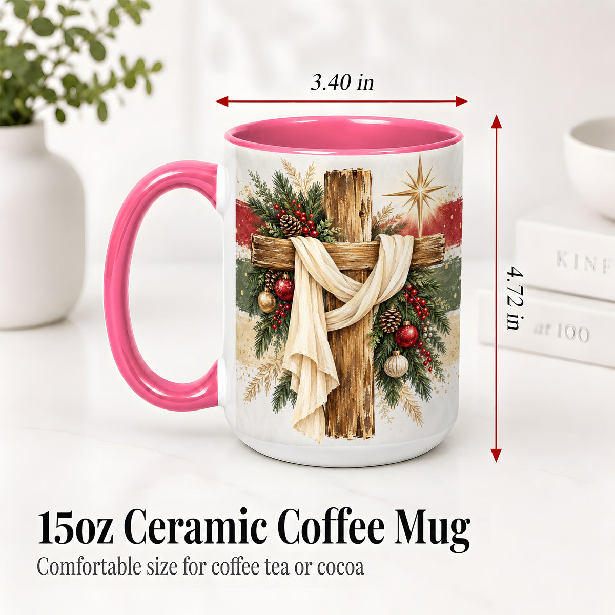 #pl[15oz|Pink] Christmas Cross Ceramic Mug, Rustic Christian Holiday Artwork