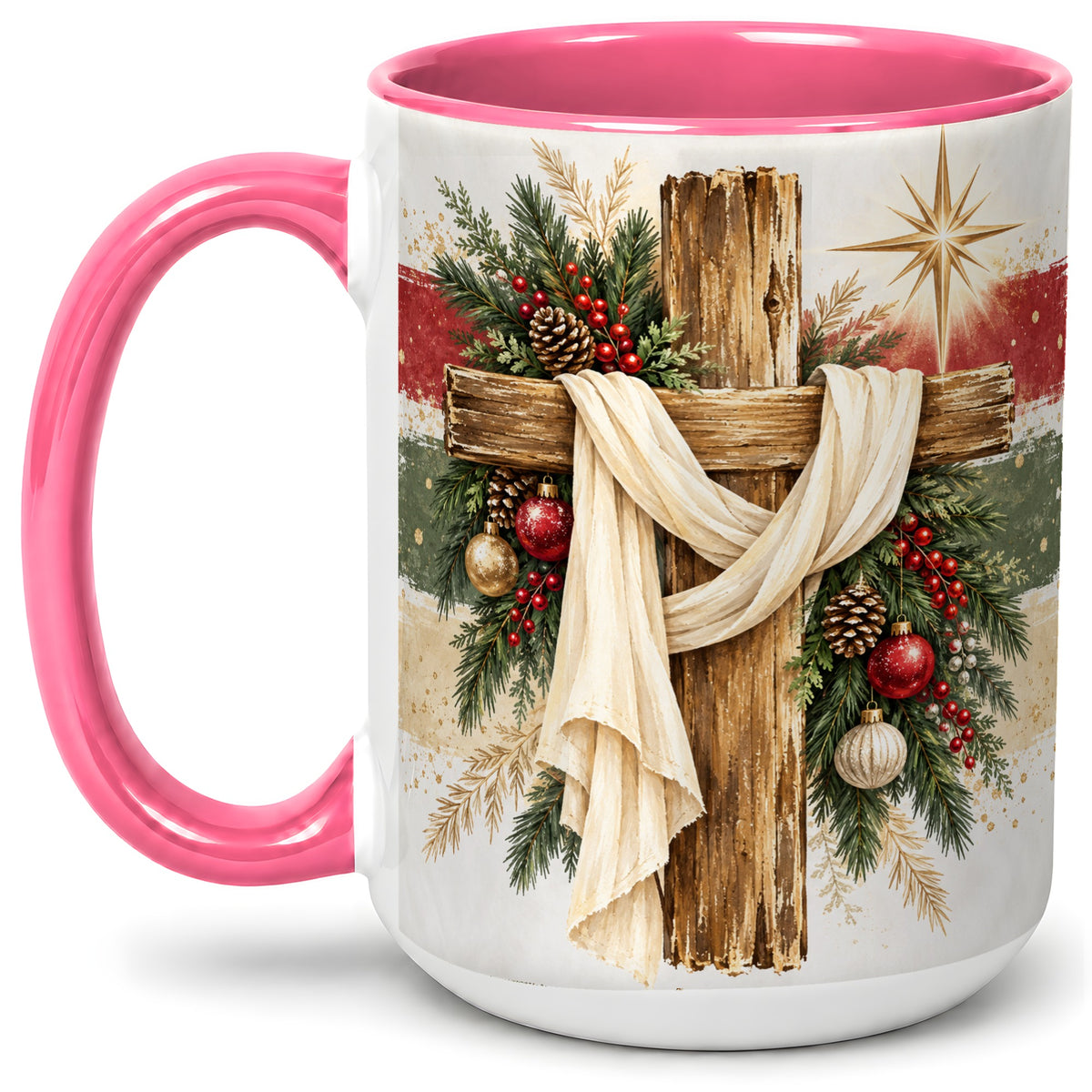 #pl[15oz|Pink] Christmas Cross Ceramic Mug, Rustic Christian Holiday Artwork